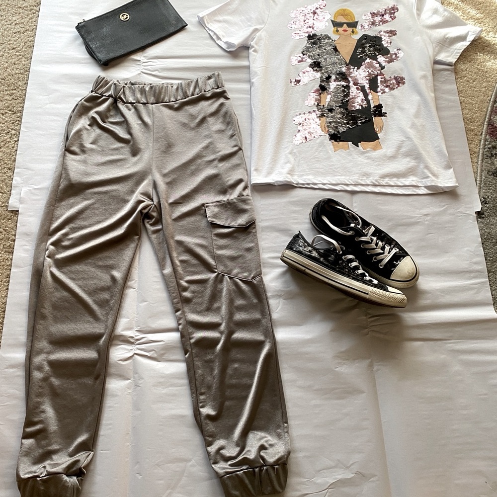 Grey satin joggers